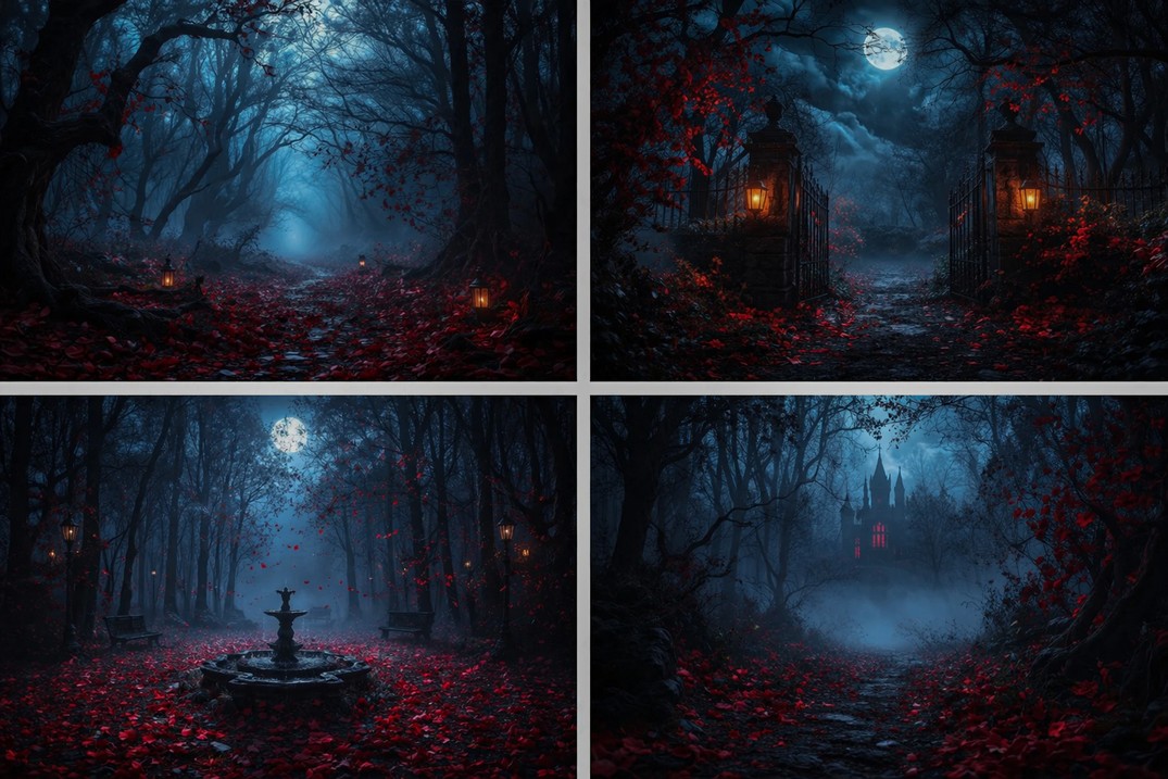 Photography Dark Cloth - Темный лес, лунный свет, красные листья,